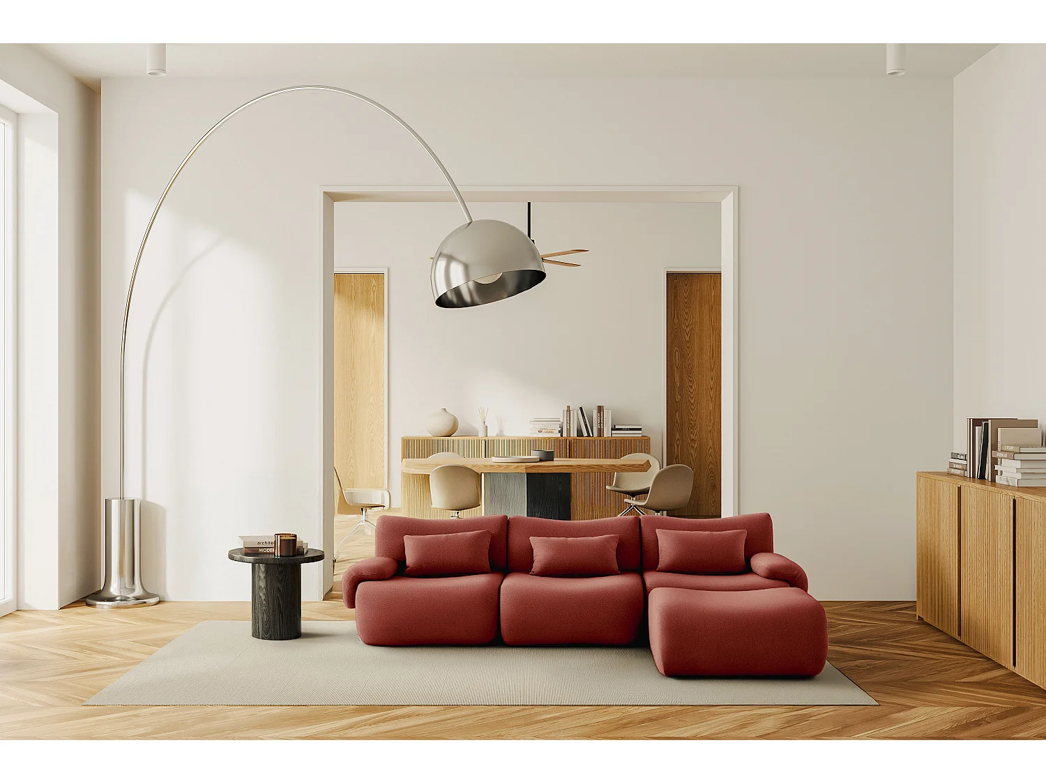 Canapé d'angle modulaire MILYSOFA SOFATIME 3 places avec méridienne tissu fine bouclette Rouge terracotta