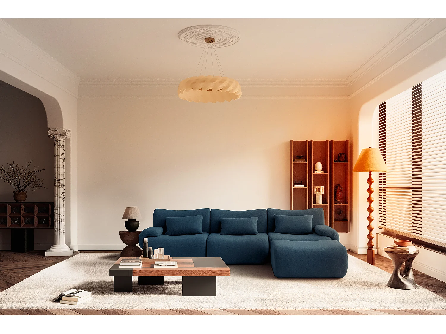 Canapé d'angle modulaire MILYSOFA SOFATIME 3 places avec méridienne tissu fine bouclette Bleu profond