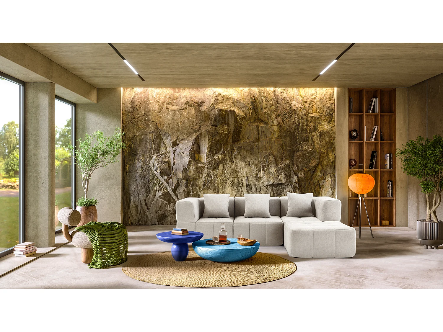 Canapé d'angle modulaire MILYSOFA SOFABULOUS 3 places avec méridienne Tissu fine bouclette Beige crème