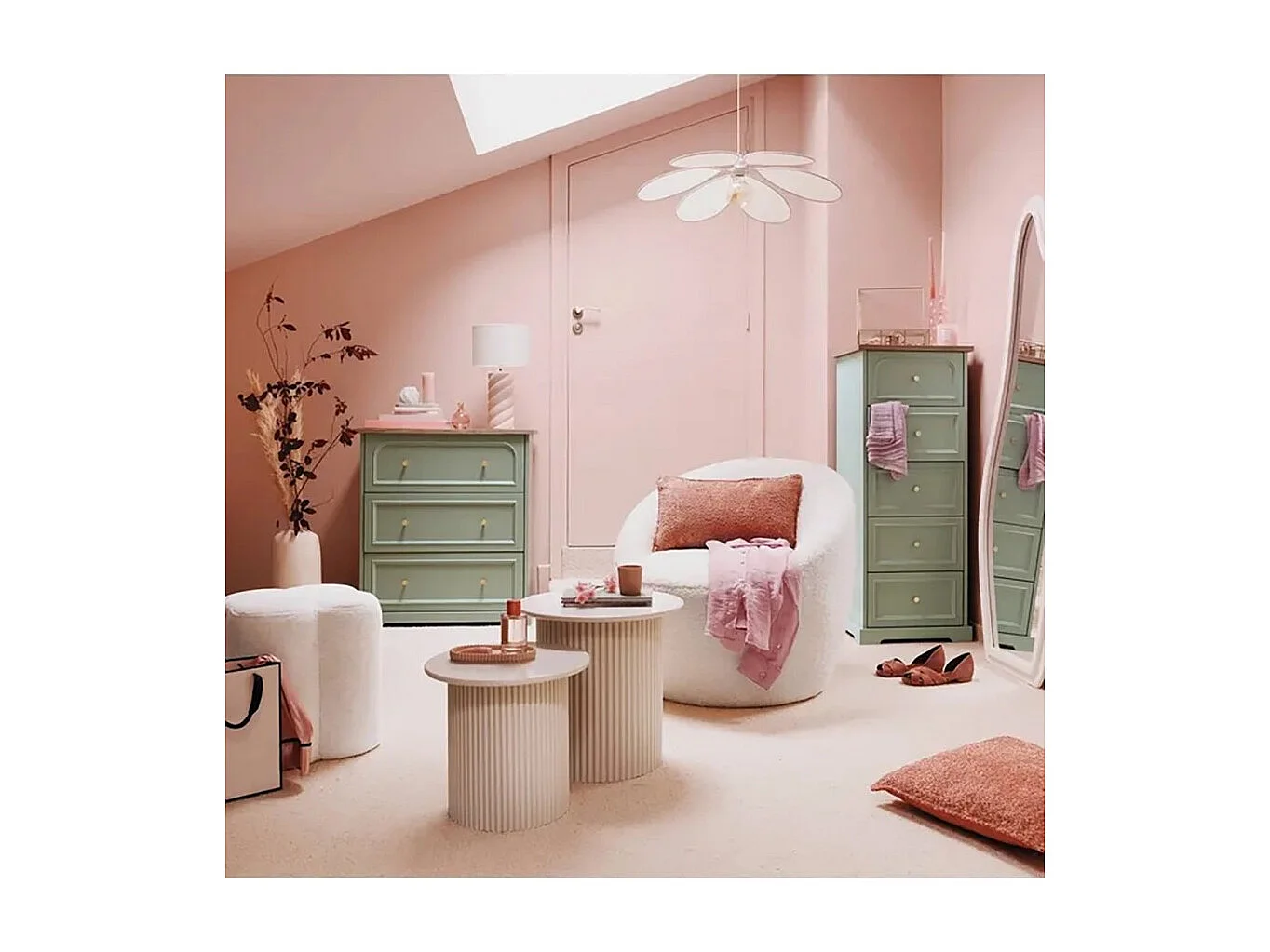 Chiffonnier meuble de rangement avec 5 tiroirs, Vert Céladon - Longueur 45 x Profondeur 39 x Hauteur 113 cm