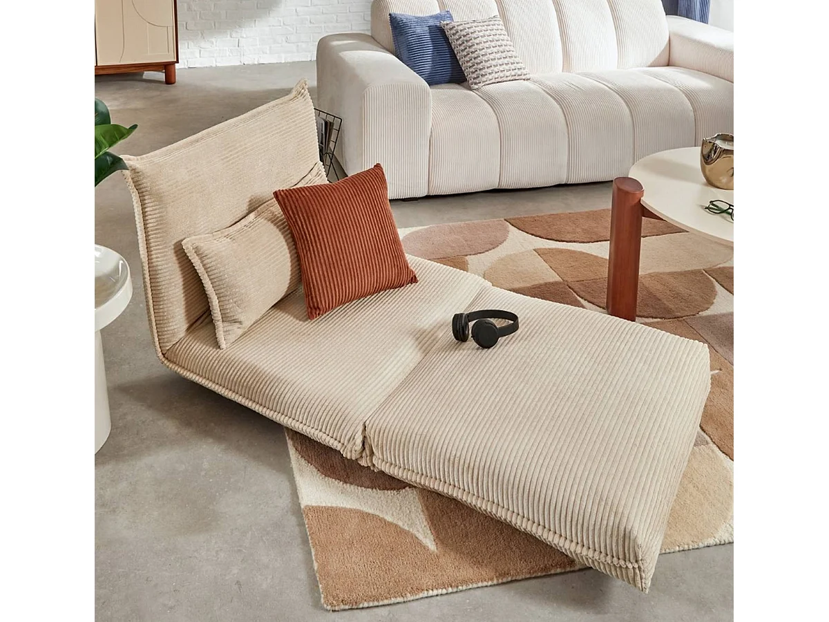 Fauteuil modulable chauffeuse en velours côtelé ivoire - Longueur 85 x Profondeur 74 x Hauteur 59  cm