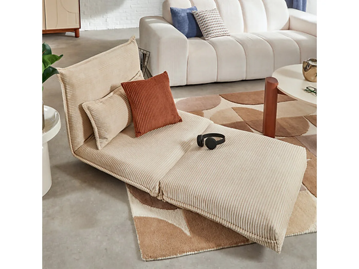 Fauteuil modulable chauffeuse en velours côtelé ivoire - Longueur 85 x Profondeur 74 x Hauteur 59  cm