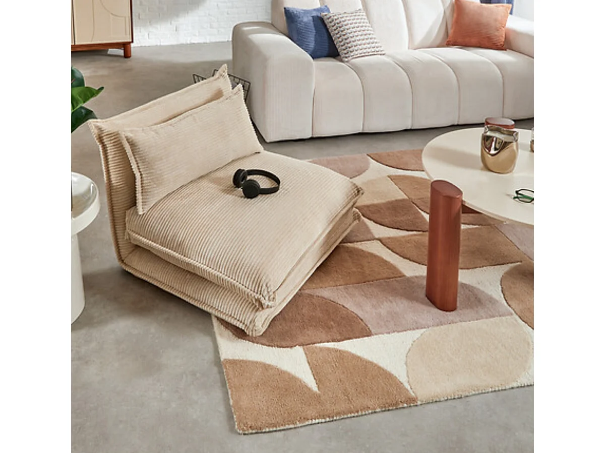 Fauteuil modulable chauffeuse en velours côtelé ivoire - Longueur 85 x Profondeur 74 x Hauteur 59  cm