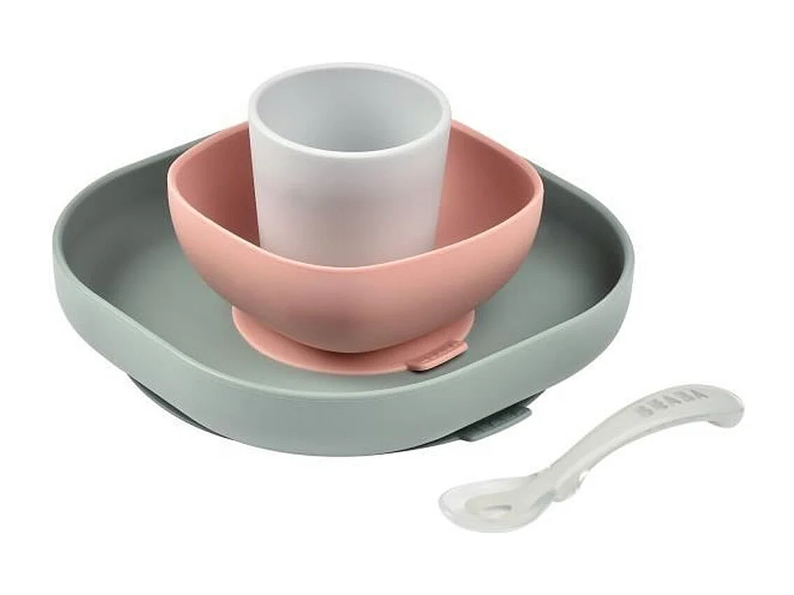 BÉABA Coffret repas silicone 4 pièces avec ventouses - Eucalyptus / Rose