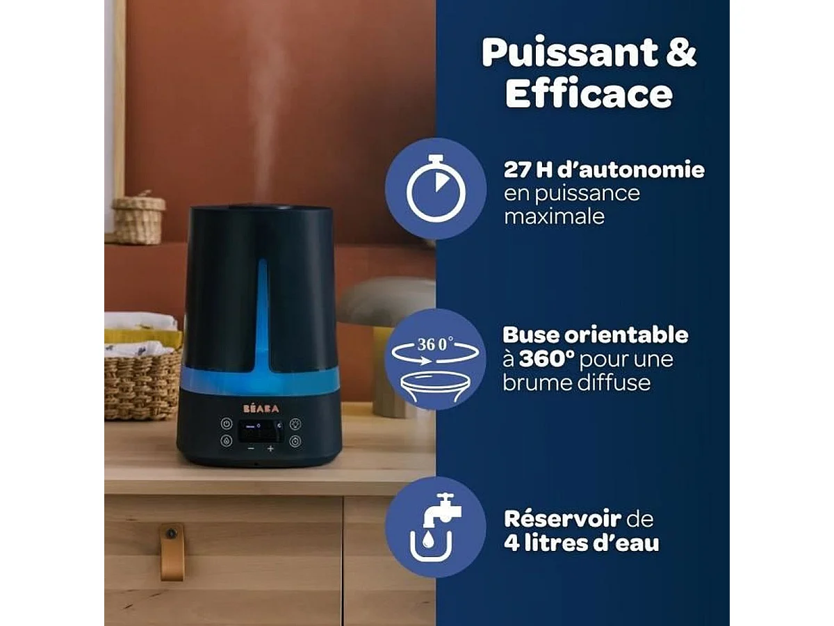 Béaba Zen Air Ultrasone Luchtbevochtiger 4L voor Baby met Hygrometer, 360° Mondstuk, Nachtlampje 7 Kleuren, 27 Uur Autonomie