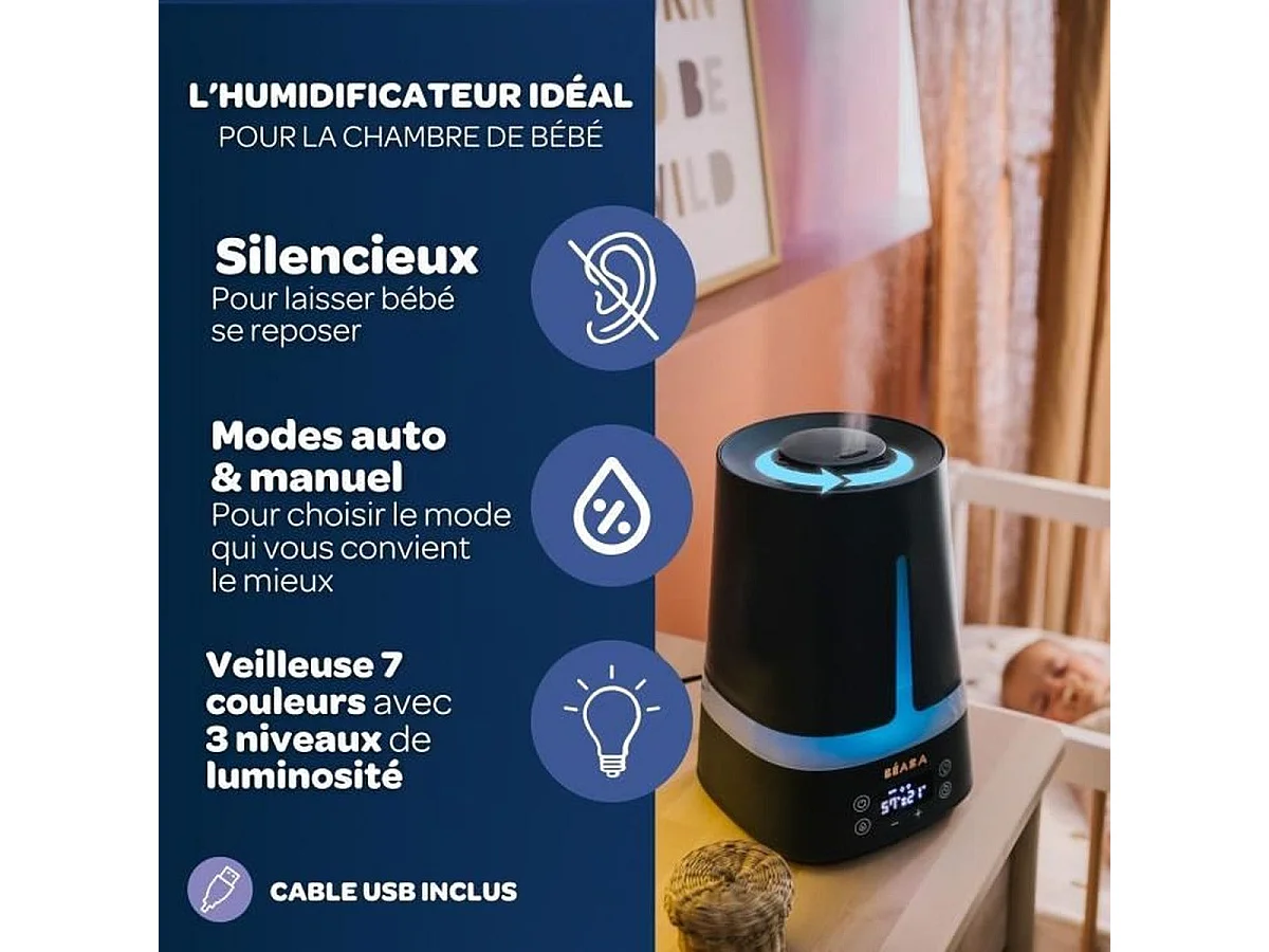 Béaba Zen Air Ultrasone Luchtbevochtiger 4L voor Baby met Hygrometer, 360° Mondstuk, Nachtlampje 7 Kleuren, 27 Uur Autonomie