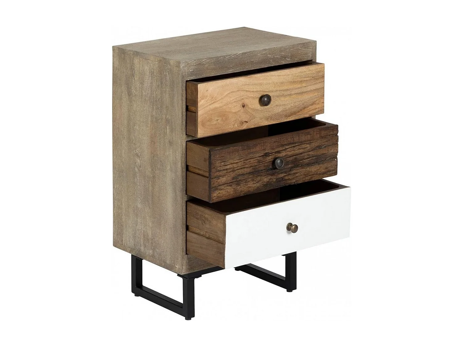 Table de chevet Table de nuit de 3 tiroirs en bois de manguier aspect vieilli - Longueur 49 x Profondeur  33 x Hauteur 73 cm