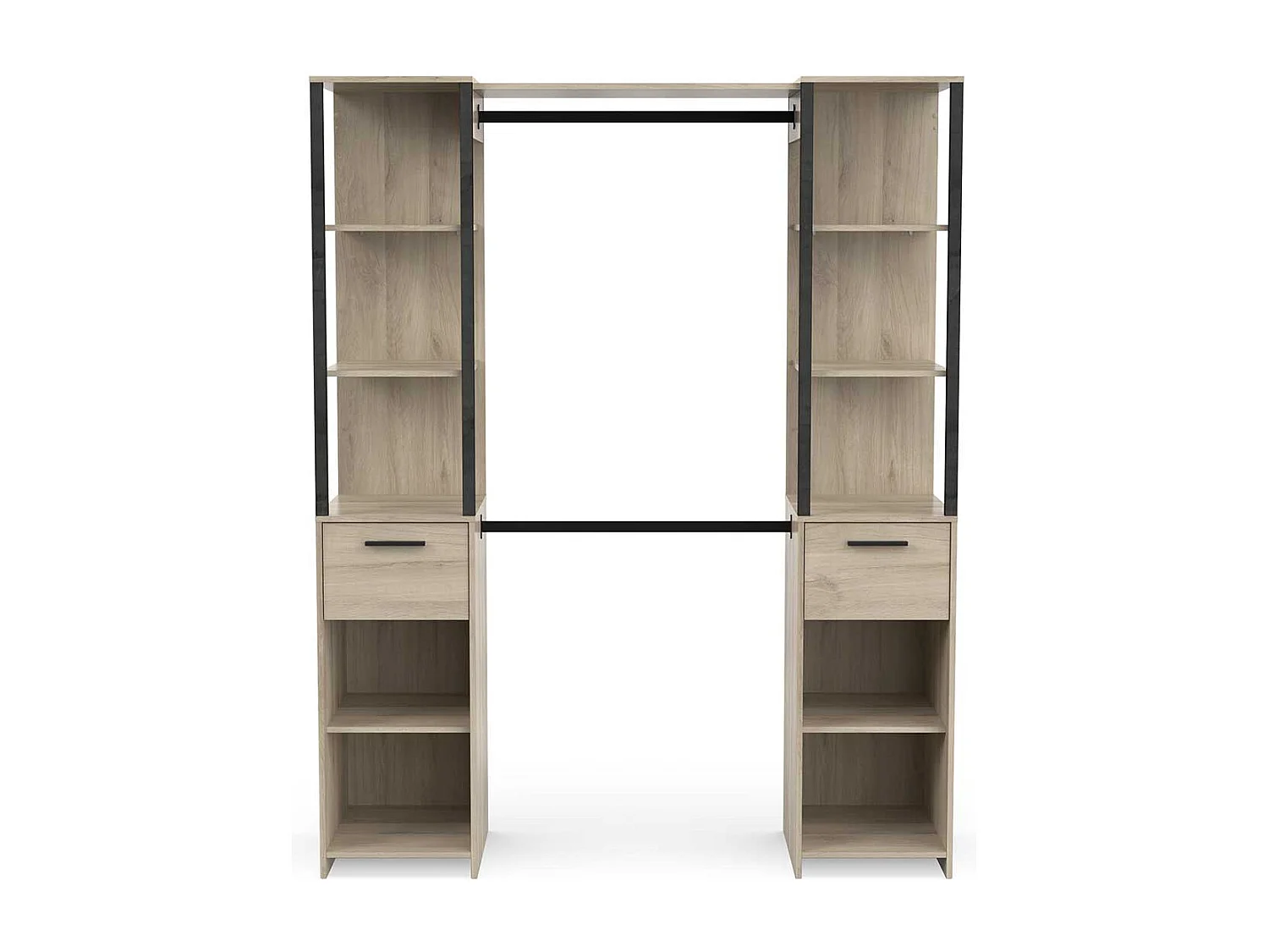 Armoire dressing 2 colonnes 2 tiroirs couleur chêne / noir mat - Largeur 159,8 x Profondeur 49,5 x Hauteur 200,3 cm
