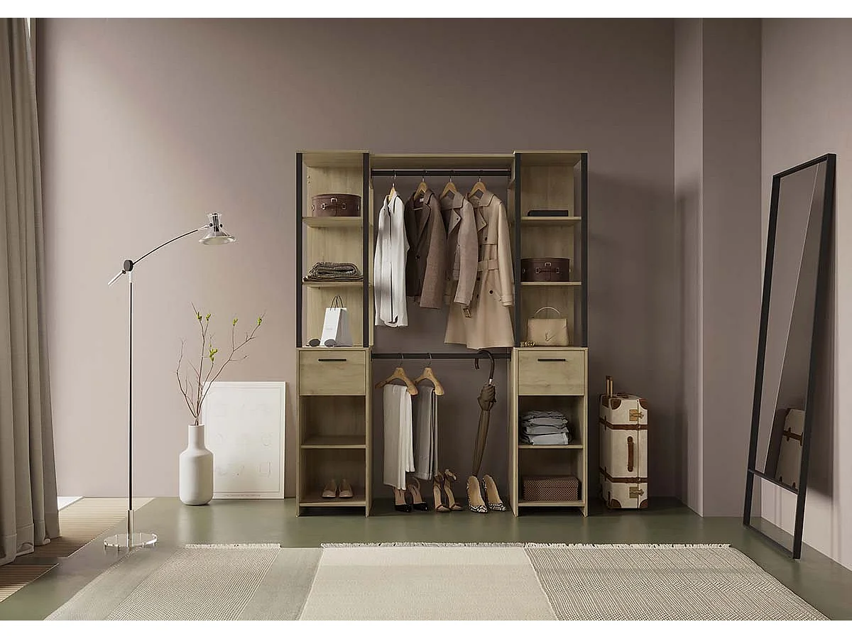 Armoire dressing 2 colonnes 2 tiroirs couleur chêne / noir mat - Largeur 159,8 x Profondeur 49,5 x Hauteur 200,3 cm