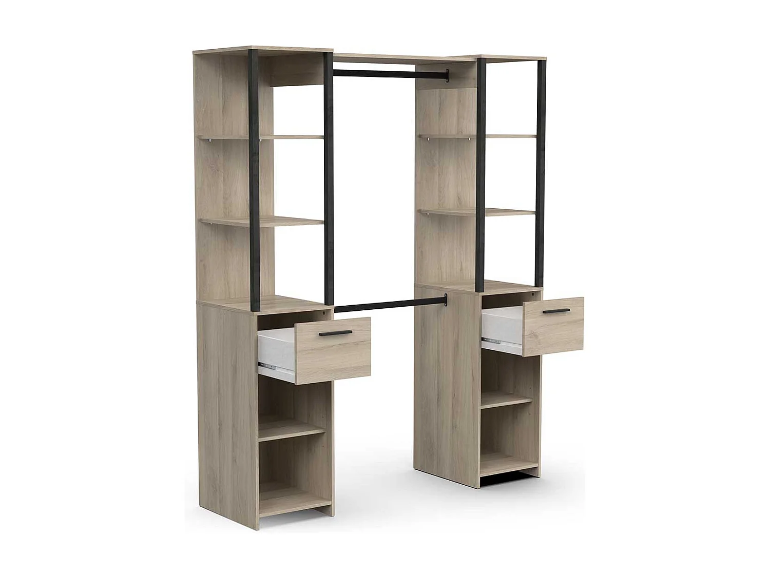 Armoire dressing 2 colonnes 2 tiroirs couleur chêne / noir mat - Largeur 159,8 x Profondeur 49,5 x Hauteur 200,3 cm