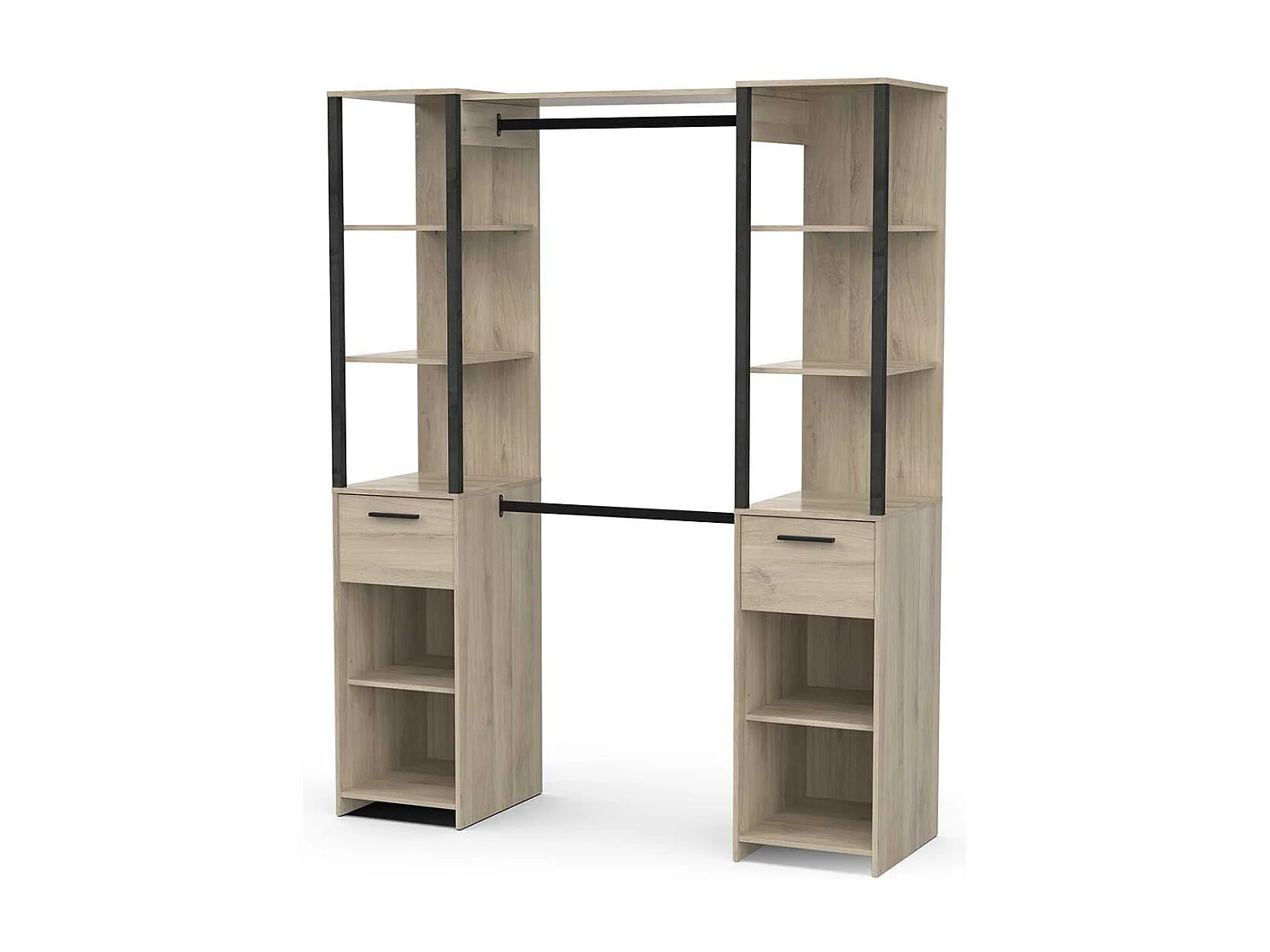 Armoire dressing 2 colonnes 2 tiroirs couleur chêne / noir mat - Largeur 159,8 x Profondeur 49,5 x Hauteur 200,3 cm