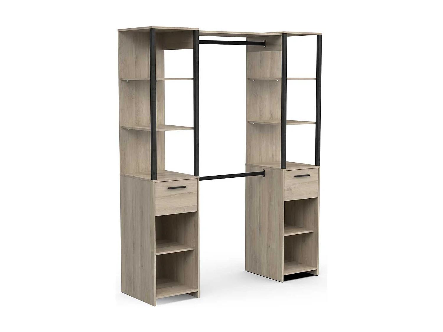 Armoire dressing 2 colonnes 2 tiroirs couleur chêne / noir mat - Largeur 159,8 x Profondeur 49,5 x Hauteur 200,3 cm