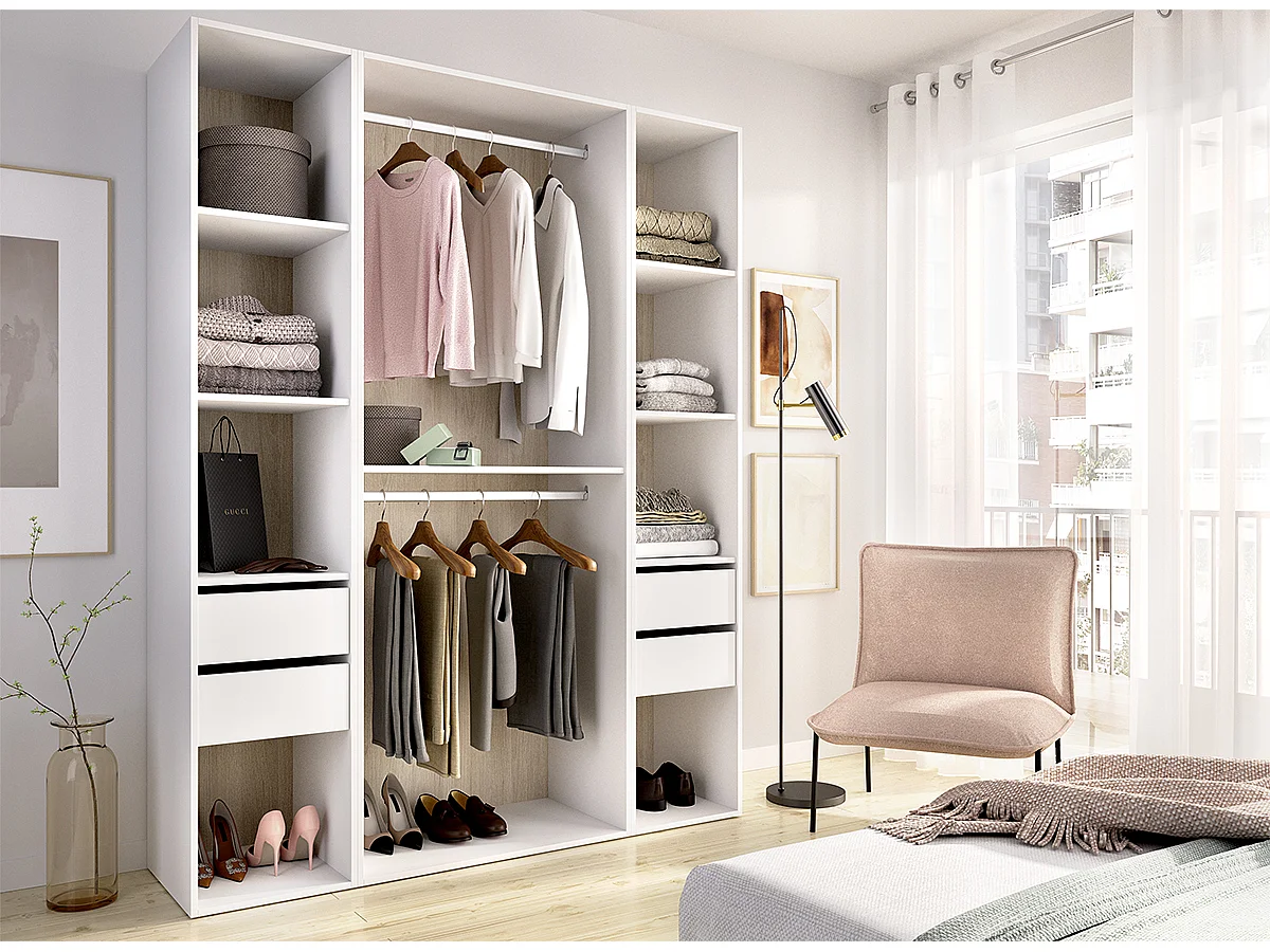 Armoire dressing ouverte avec fond arrière réversible, penderie avec 2 tringles, étagères et 4 tiroirs, coloris blanc/naturel