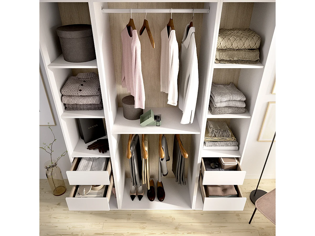 Armoire dressing ouverte avec fond arrière réversible, penderie avec 2 tringles, étagères et 4 tiroirs, coloris blanc/naturel