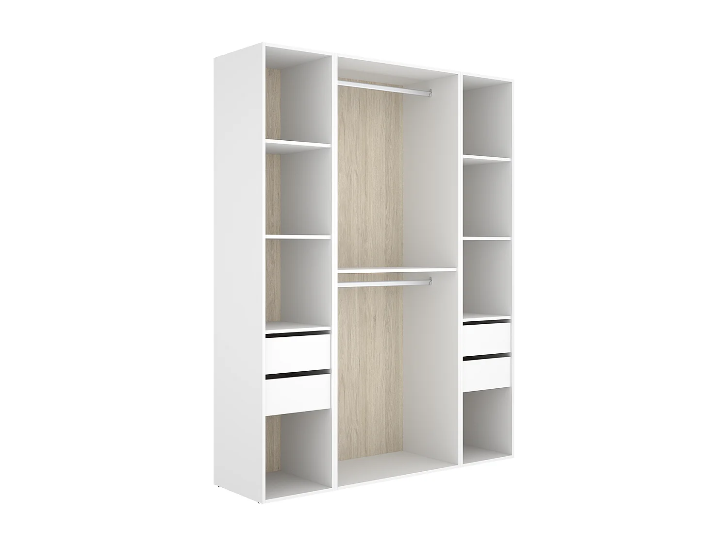 Armoire dressing ouverte avec fond arrière réversible, penderie avec 2 tringles, étagères et 4 tiroirs, coloris blanc/naturel