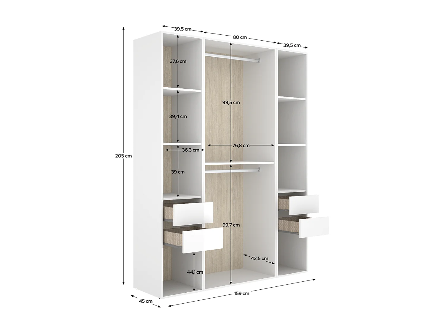 Armoire dressing ouverte avec fond arrière réversible, penderie avec 2 tringles, étagères et 4 tiroirs, coloris blanc/naturel