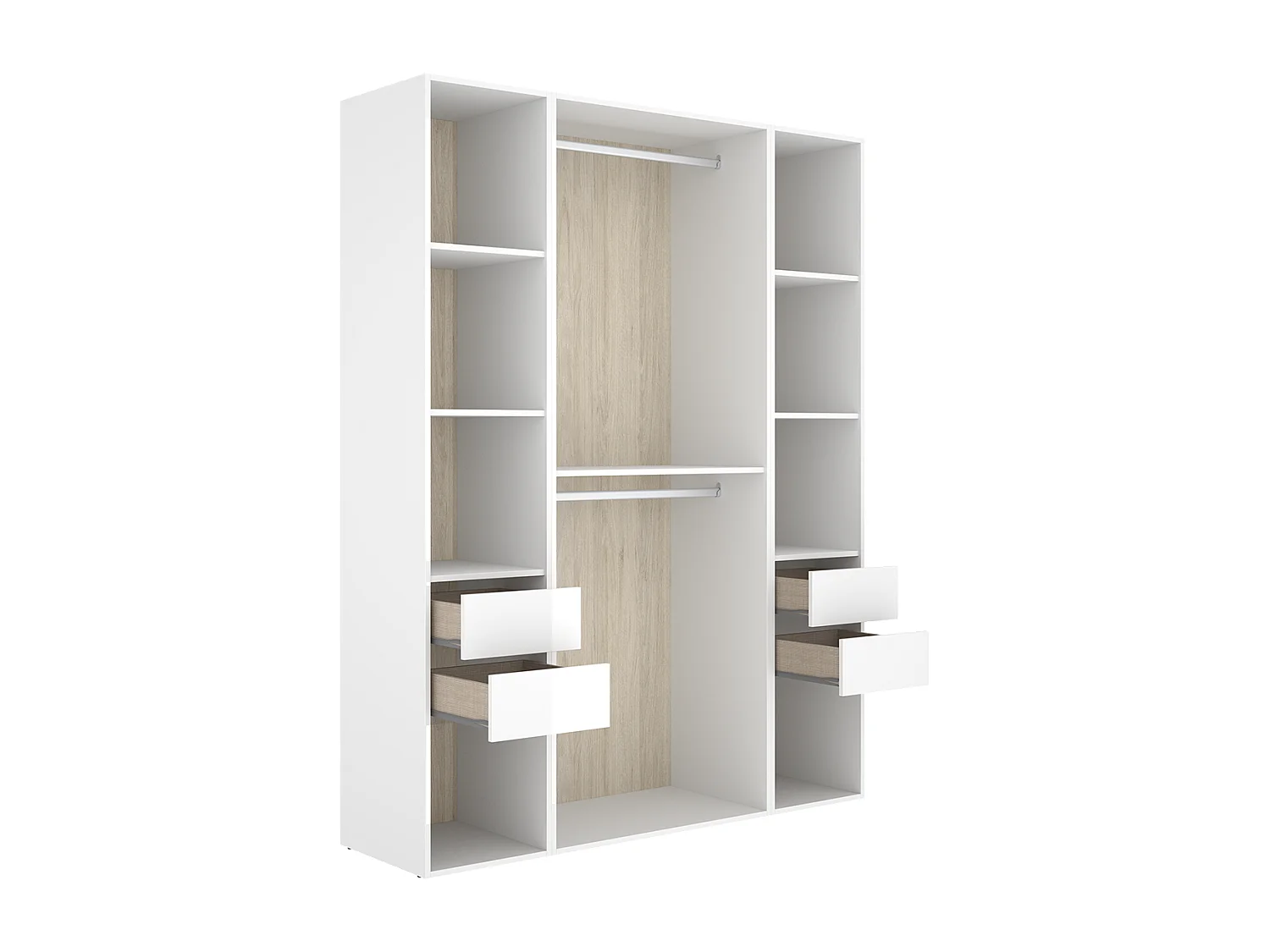 Armoire dressing ouverte avec fond arrière réversible, penderie avec 2 tringles, étagères et 4 tiroirs, coloris blanc/naturel