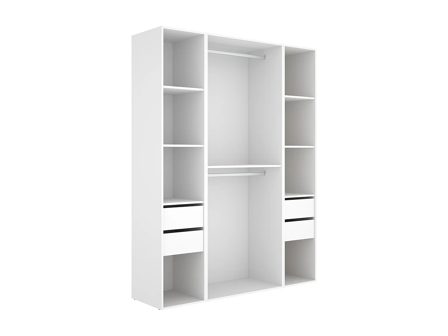 Armoire dressing ouverte avec fond arrière réversible, penderie avec 2 tringles, étagères et 4 tiroirs, coloris blanc/naturel