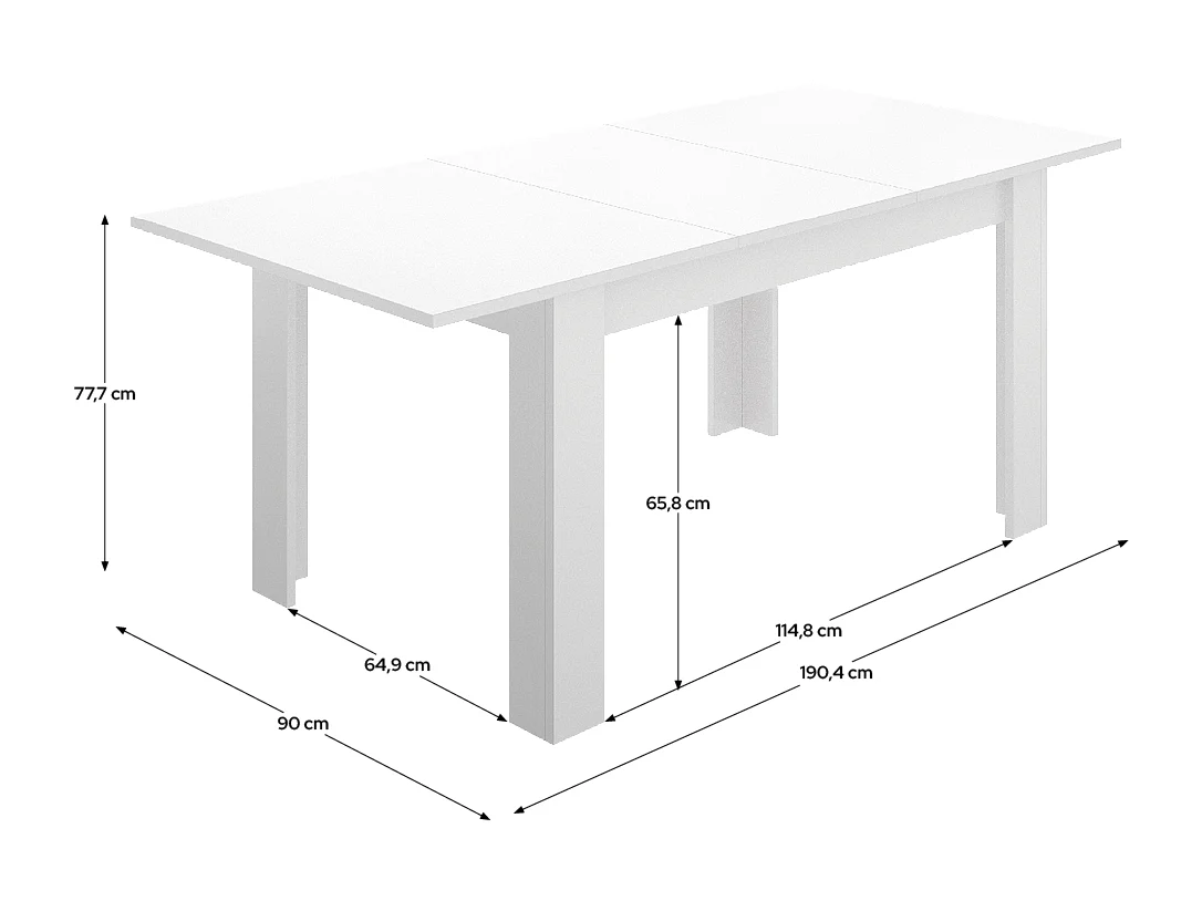 Table à manger rectangulaire extensible, coloris blanc - Hauteur 77 x Longueur 140-190 x Profondeur 90 cm