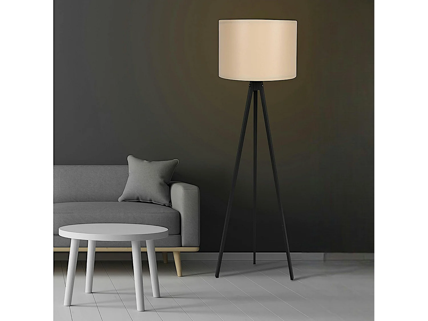 Lampadaire trépied noir et abat-jour beige KILIS