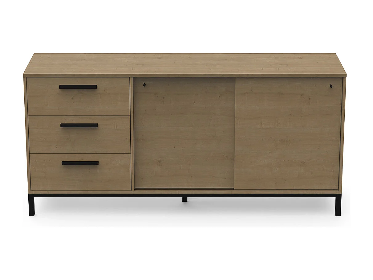 Buffet meuble de rangement 2 portes et 3 tiroirs couleur chêne / noir mat - Largeur 181 x Profondeur 44,9 x Hauteur 86 cm