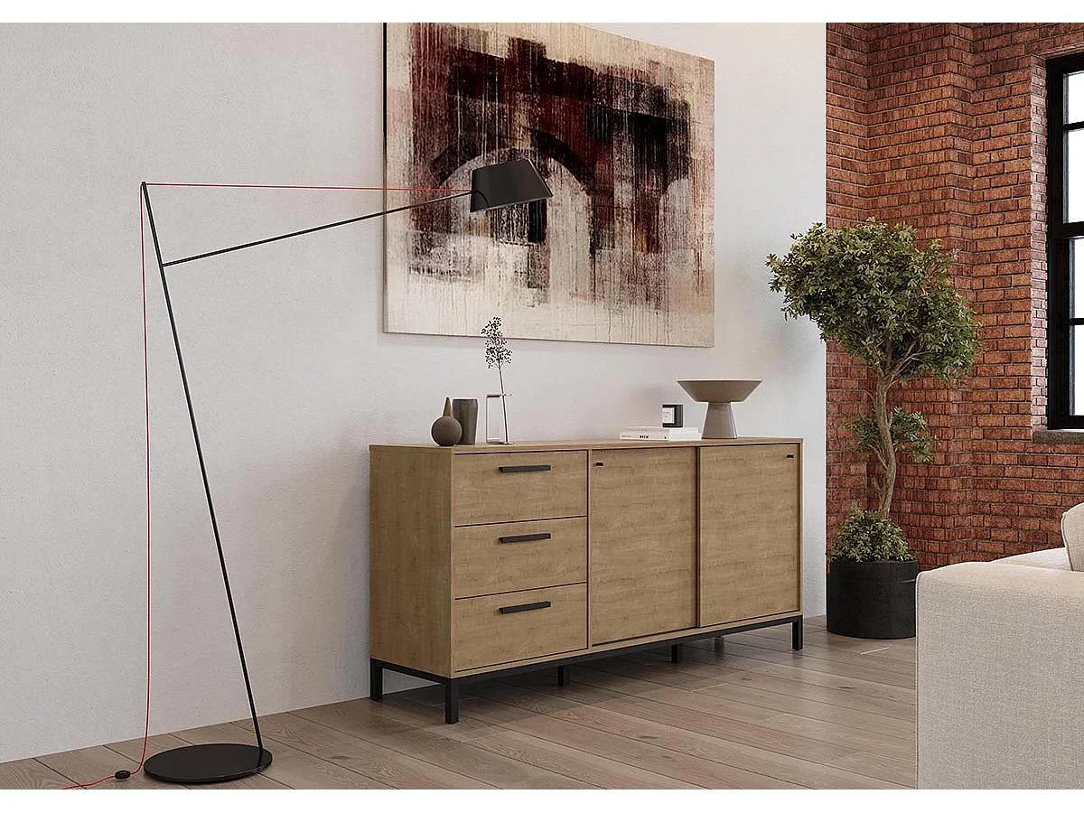 Buffet meuble de rangement 2 portes et 3 tiroirs couleur chêne / noir mat - Largeur 181 x Profondeur 44,9 x Hauteur 86 cm
