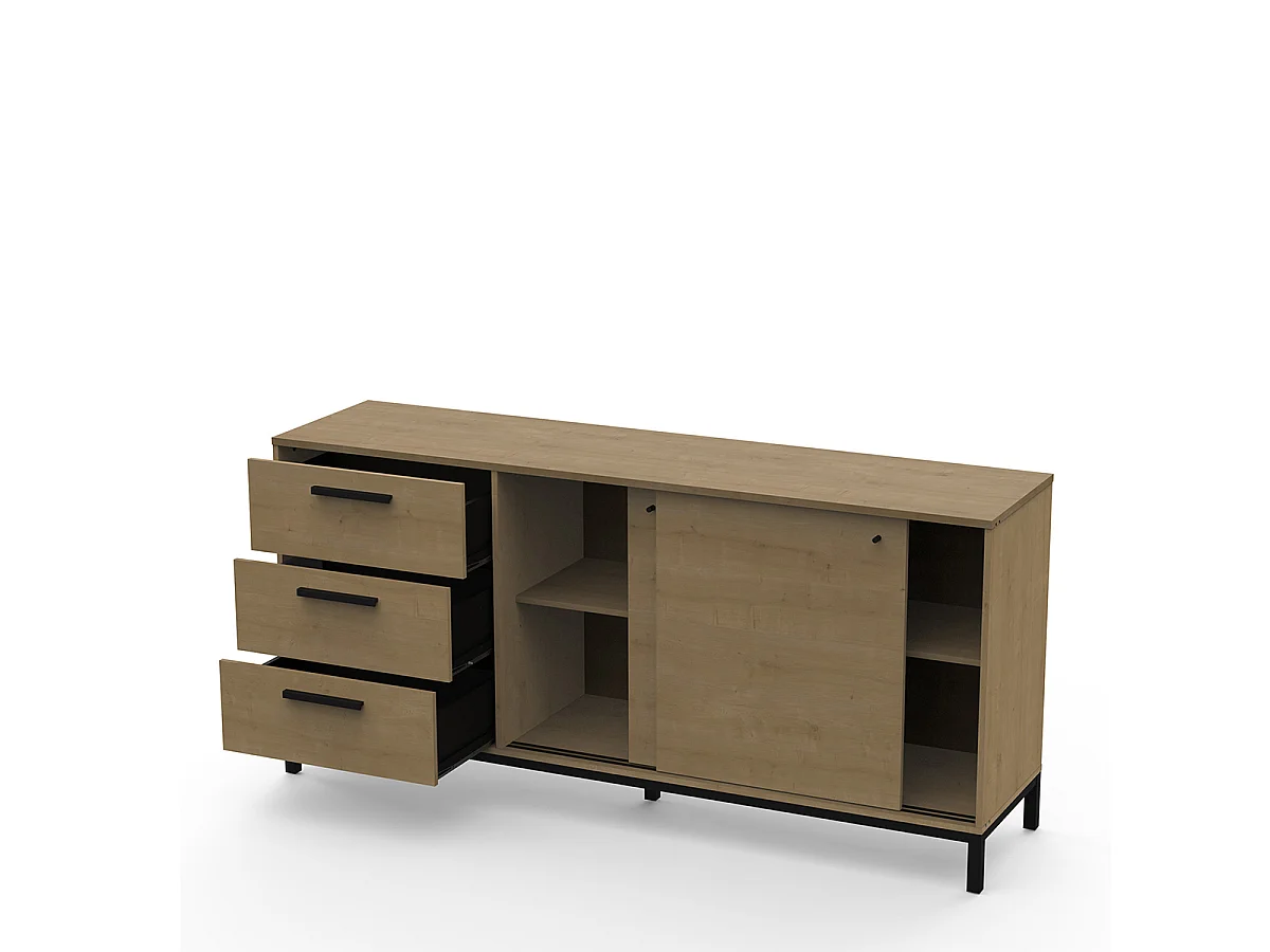 Buffet meuble de rangement 2 portes et 3 tiroirs couleur chêne / noir mat - Largeur 181 x Profondeur 44,9 x Hauteur 86 cm