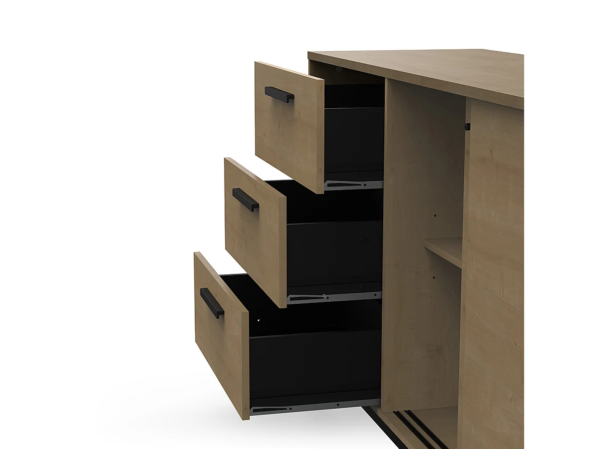 Buffet meuble de rangement 2 portes et 3 tiroirs couleur chêne / noir mat - Largeur 181 x Profondeur 44,9 x Hauteur 86 cm