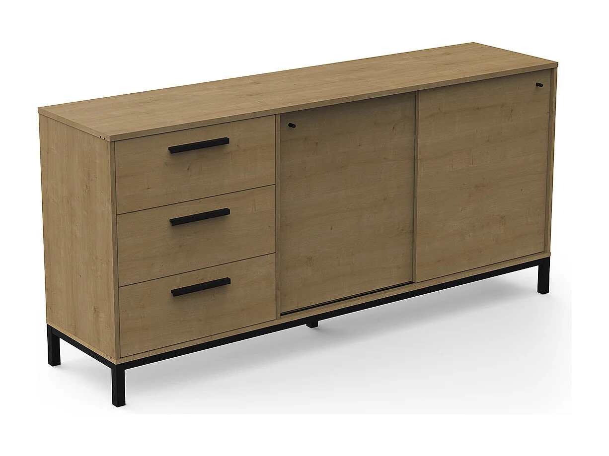Buffet meuble de rangement 2 portes et 3 tiroirs couleur chêne / noir mat - Largeur 181 x Profondeur 44,9 x Hauteur 86 cm