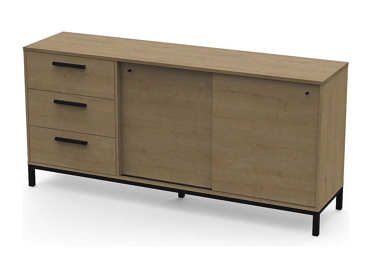 Buffet meuble de rangement 2 portes et 3 tiroirs couleur chêne / noir mat - Largeur 181 x Profondeur 44,9 x Hauteur 86 cm