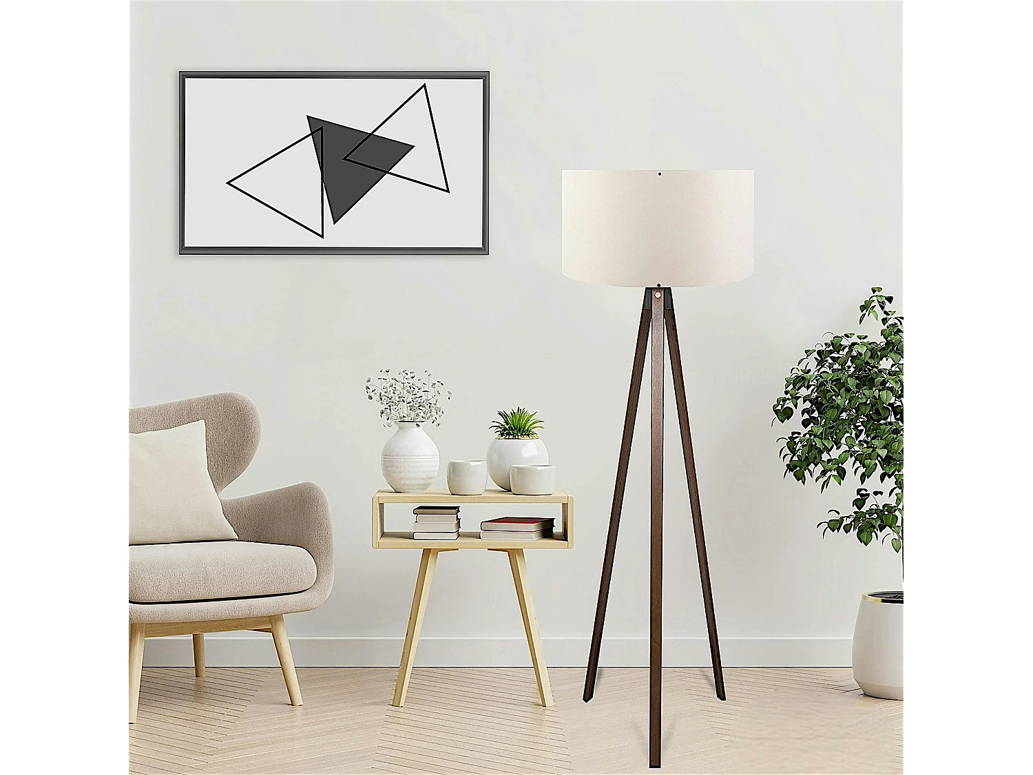 Lampadaire trépied effet bois brun, abat-jour écru KILIS