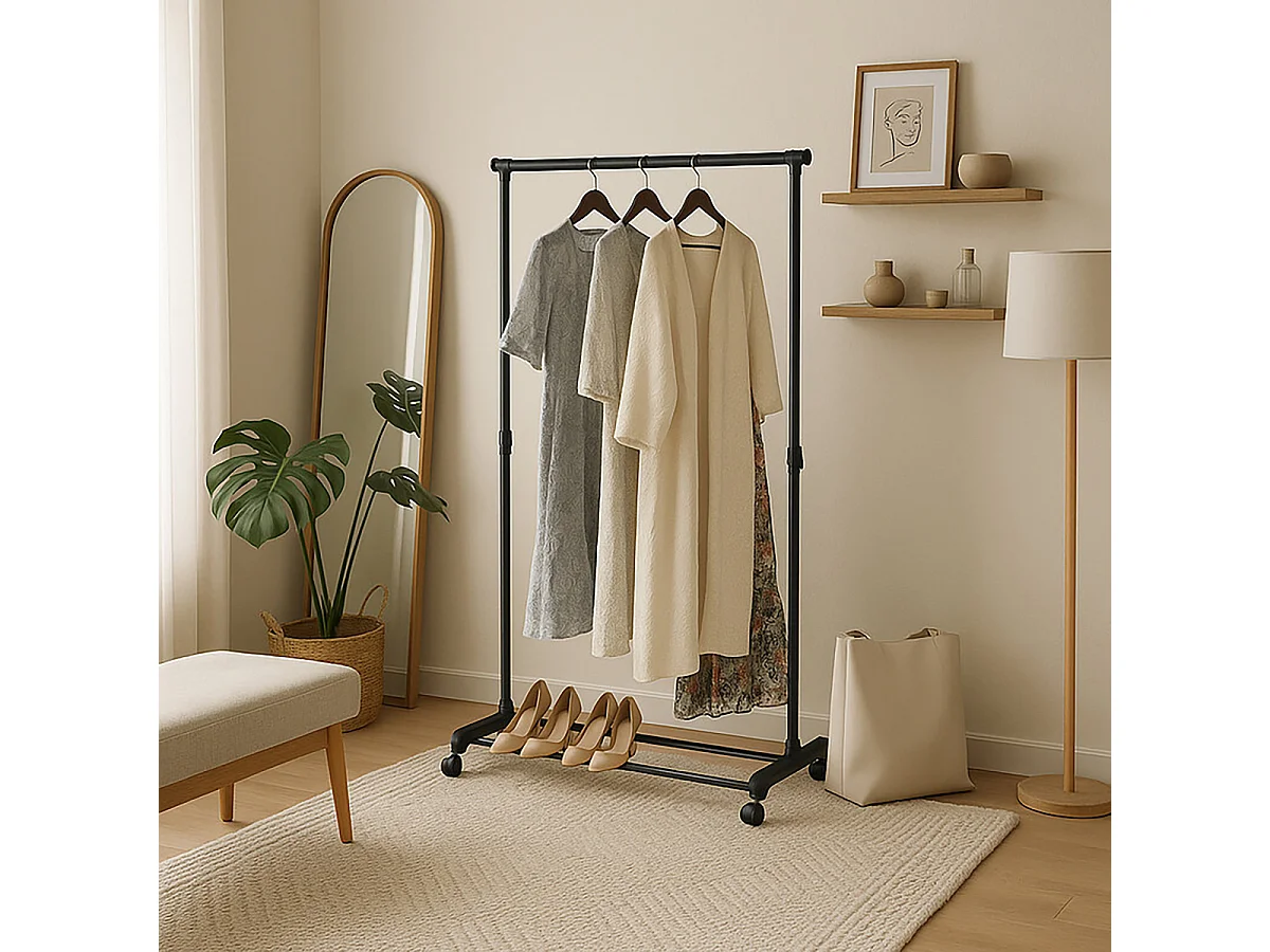 Portant à linge avec barres de suspension Porte-manteau sur pied à roulettes coloris noir - Longueur 77 x Hauteur 157 x Profondeur 41,5 cm