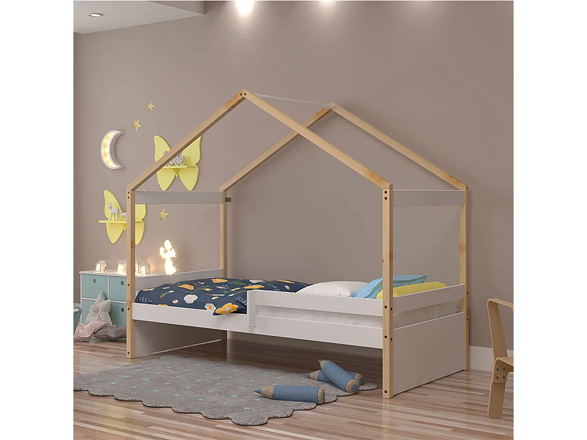 Lit gigogne pour enfant style maison coloris Blanc avec sommier - Longueur 195 x Hauteur 150 x Profondeur 97 cm