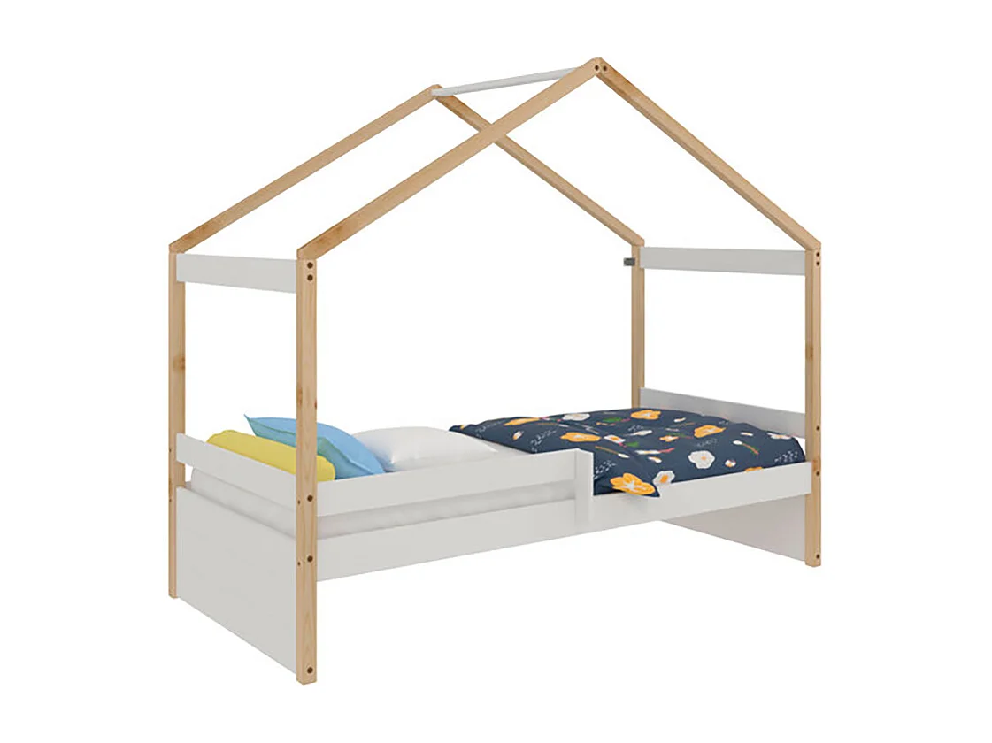 Lit gigogne pour enfant style maison coloris Blanc avec sommier - Longueur 195 x Hauteur 150 x Profondeur 97 cm