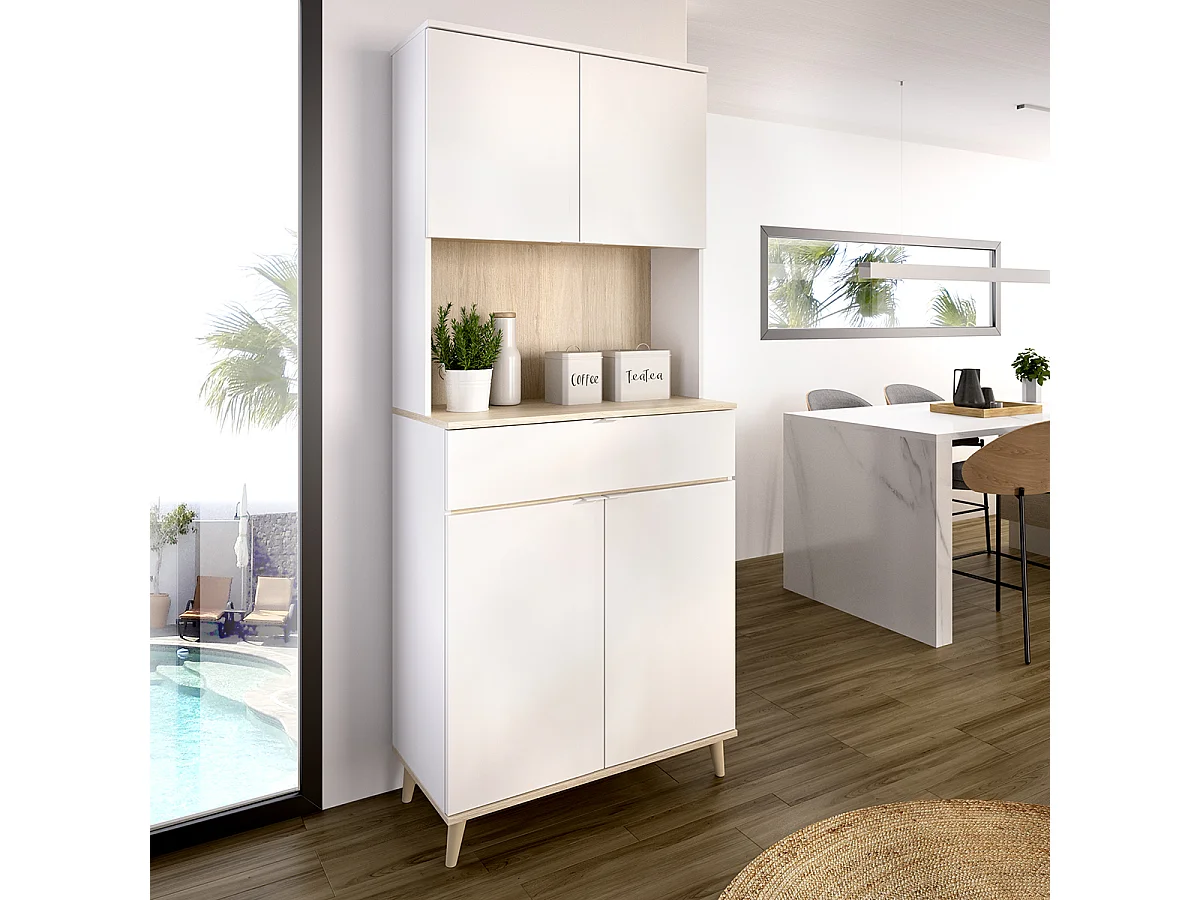 Armoire buffet de cuisine à 4 portes, 1 tiroir et 1 niche centrale, coloris blanc/naturel - Hauteur 191 x Longueur 60 x Profondeur 40 cm