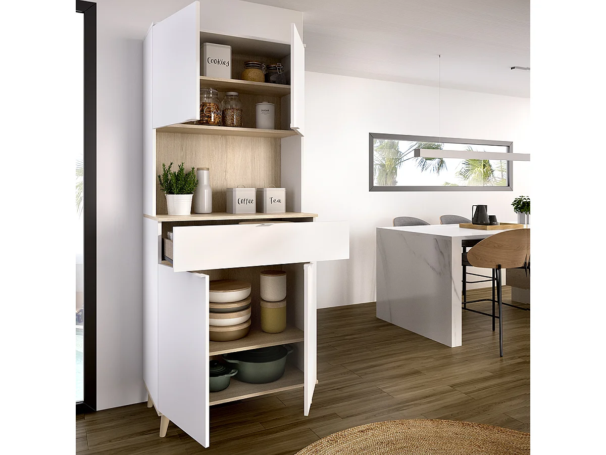 Armoire buffet de cuisine à 4 portes, 1 tiroir et 1 niche centrale, coloris blanc/naturel - Hauteur 191 x Longueur 60 x Profondeur 40 cm