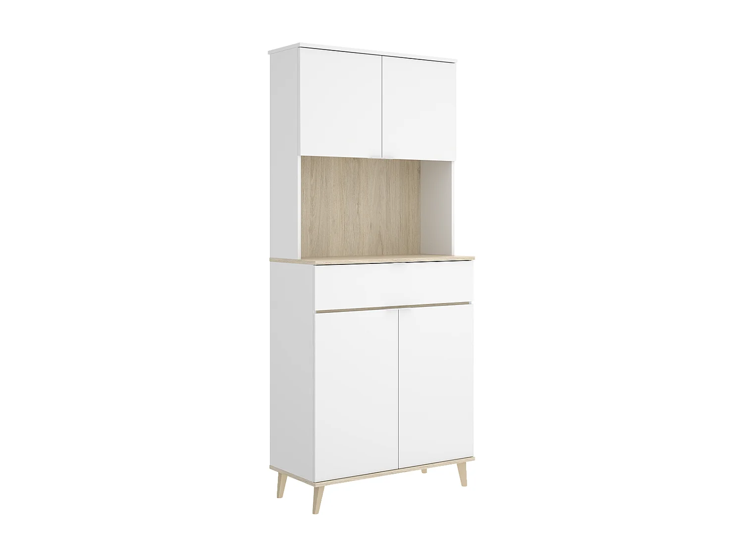 Armoire buffet de cuisine à 4 portes, 1 tiroir et 1 niche centrale, coloris blanc/naturel - Hauteur 191 x Longueur 60 x Profondeur 40 cm