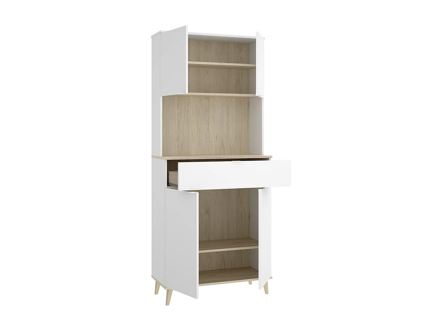 Armoire buffet de cuisine à 4 portes, 1 tiroir et 1 niche centrale, coloris blanc/naturel - Hauteur 191 x Longueur 60 x Profondeur 40 cm
