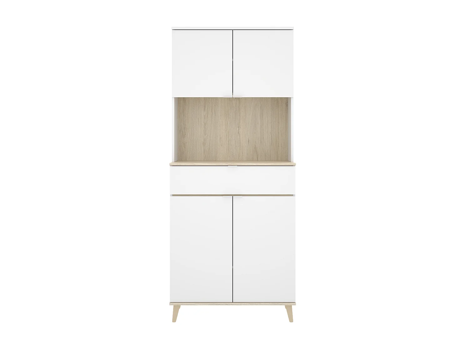 Armoire buffet de cuisine à 4 portes, 1 tiroir et 1 niche centrale, coloris blanc/naturel - Hauteur 191 x Longueur 60 x Profondeur 40 cm