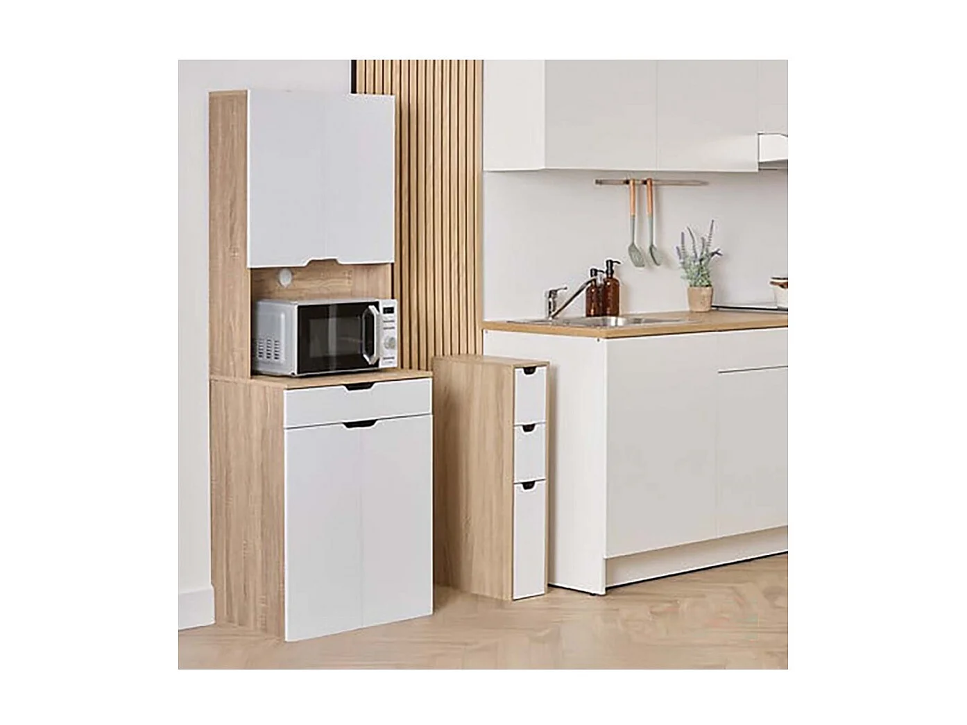 Buffet de cuisine avec 2 placards et 1 tiroir, coloris chêne/blanc - Longueur 60 x Profondeur 40 x Hauteur 170 cm