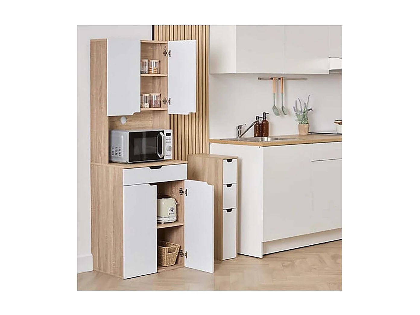 Buffet de cuisine avec 2 placards et 1 tiroir, coloris chêne/blanc - Longueur 60 x Profondeur 40 x Hauteur 170 cm