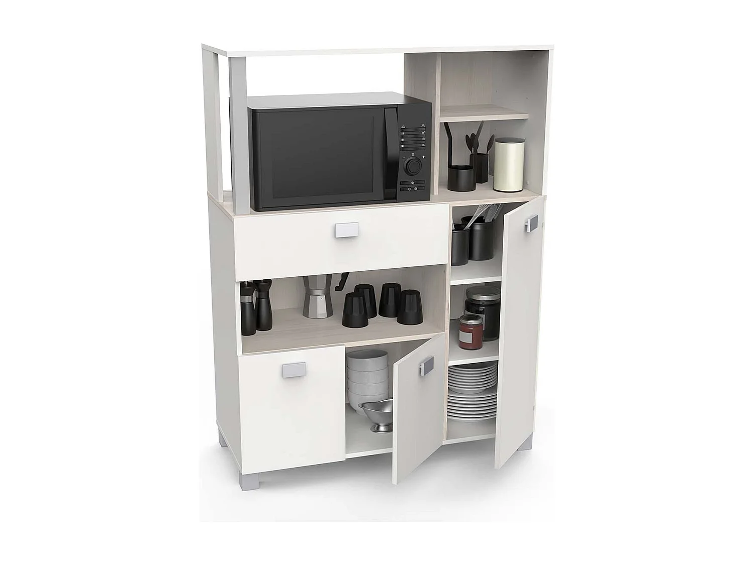 Desserte de cuisine meuble micro-ondes couleur acacia / blanc mat - Largeur 99,3 x Profondeur 41,3 x Hauteur 132,2 cm