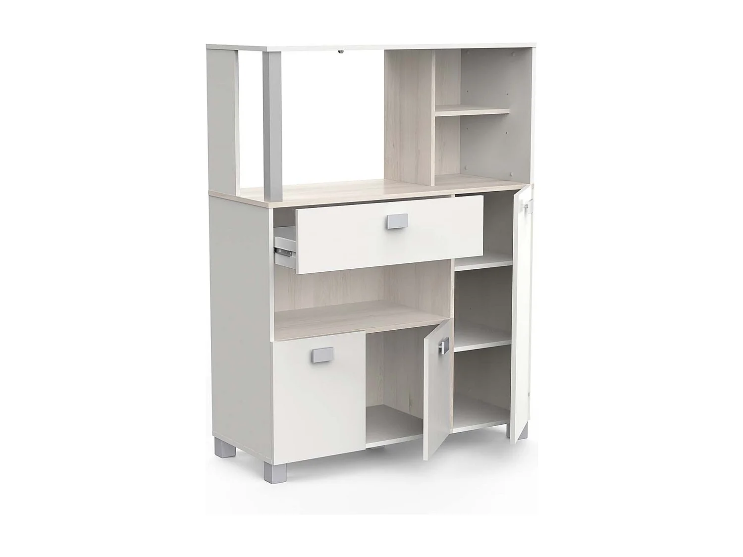 Desserte de cuisine meuble micro-ondes couleur acacia / blanc mat - Largeur 99,3 x Profondeur 41,3 x Hauteur 132,2 cm