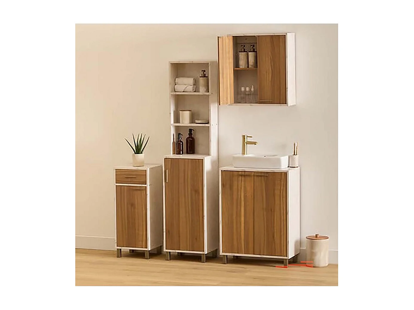 Meuble sous lavabo de Salle de Bain avec 2 portes, Coloris marron/blanc - Longueur 60 x Profondeur 30 x Hauteur 80 cm