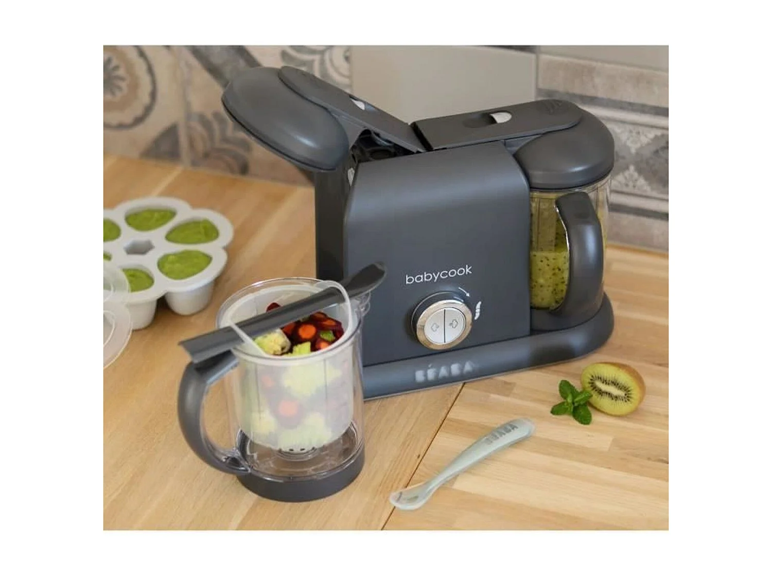 BEABA Babycook Duo Robot Bébé 4-en-1, 2 x 1100 ml, Gris Foncé
