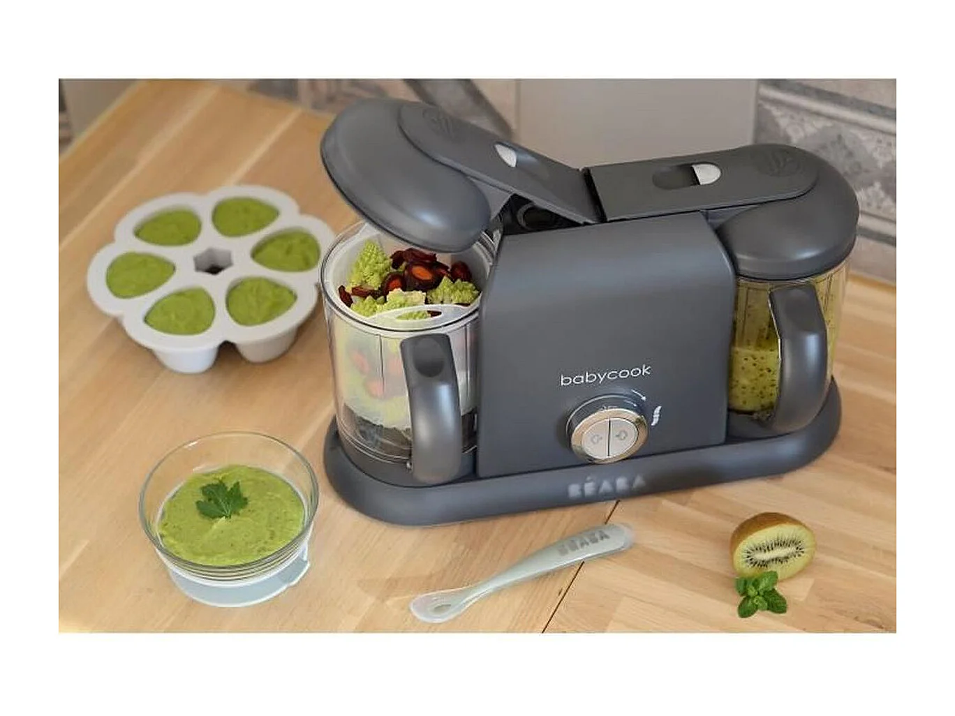 BEABA Babycook Duo Robot Bébé 4-en-1, 2 x 1100 ml, Gris Foncé