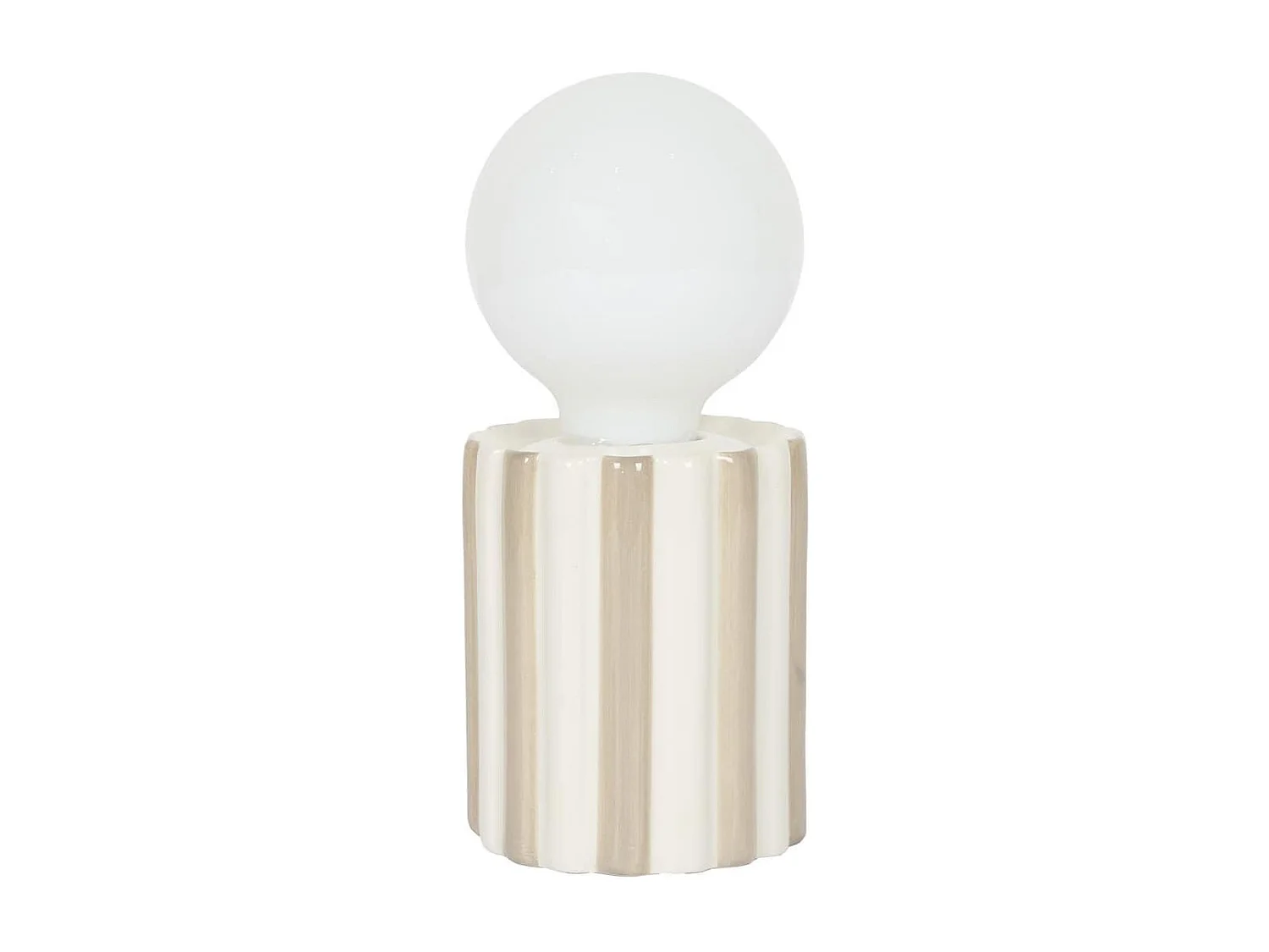 Lampe à poser céramique rayé taupe et blanc abat-jour globe (H17cm) sur piles