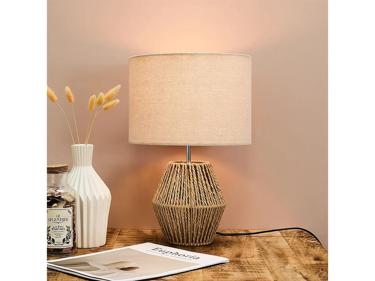 Lampe à poser en corde tressée naturel et abat-jour lin (H40cm)
