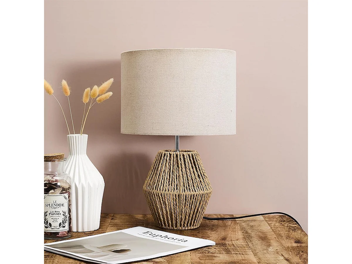 Lampe à poser en corde tressée naturel et abat-jour lin (H40cm)