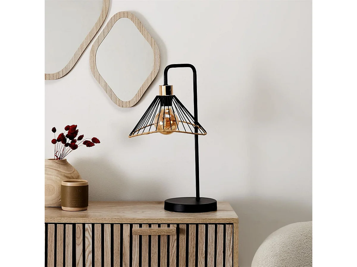 Lampe à Poser Noire Abat-Jour Filaire Finition Rotin - COREEN